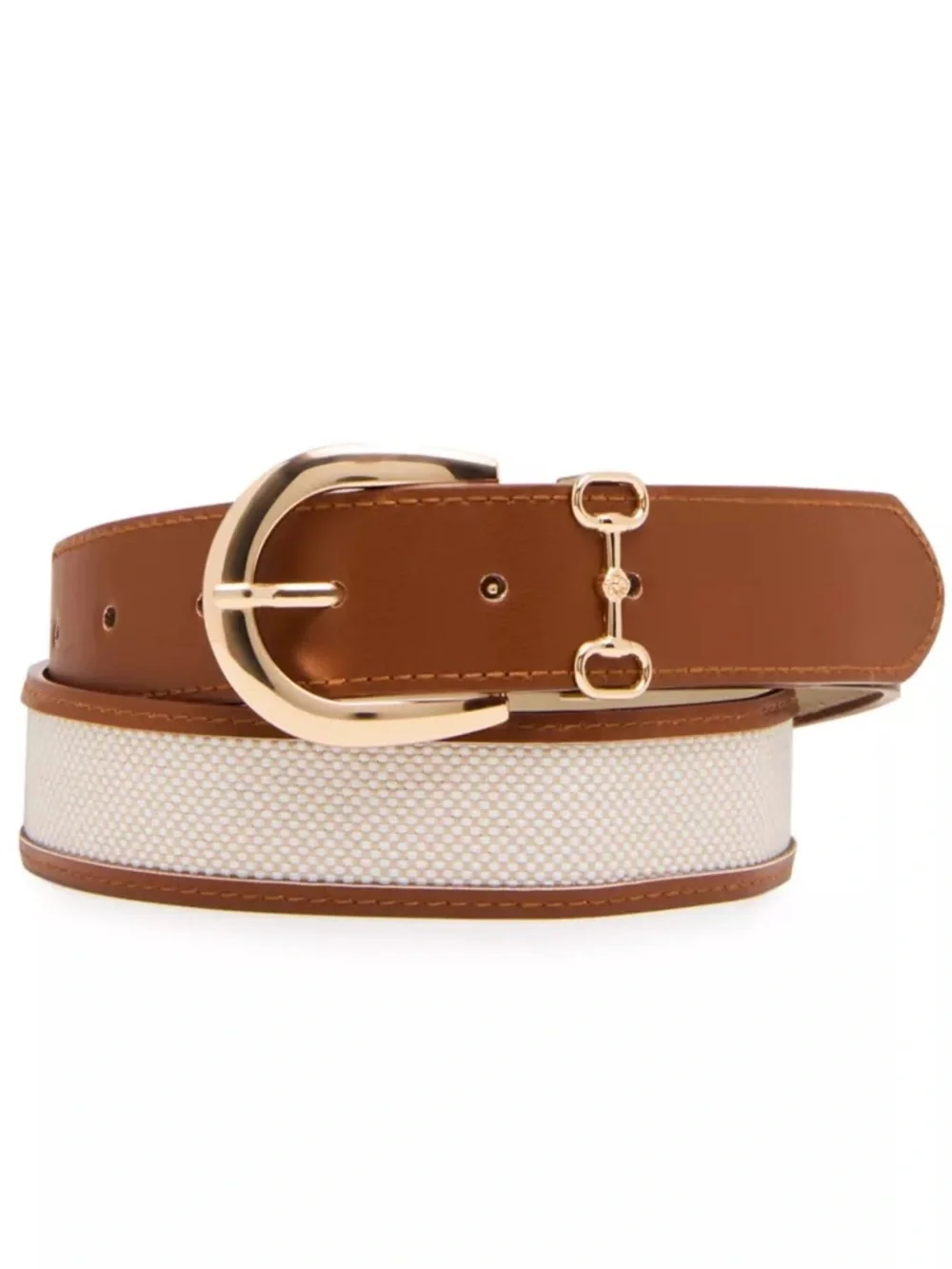 Tan canvas Horsebit belt gold snaffle bit buckle equestrian